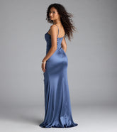 Catiana Cowl Neck Lace Slit Satin Formal Dress